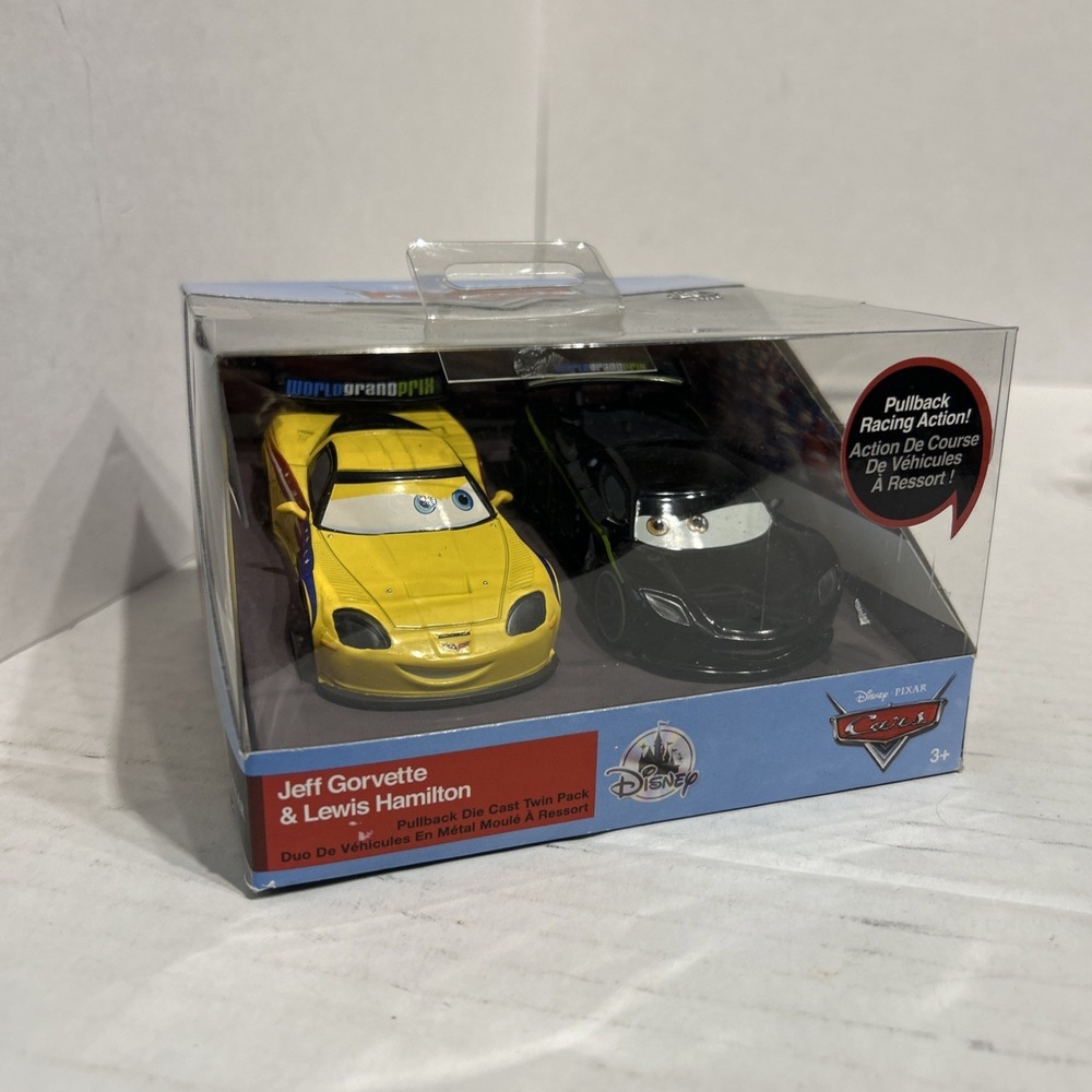 DISNEY STORE CARS JEFF GORVETTE & LEWIS HAMILTON PULLBACK DIE CAST RARE NIB NEW